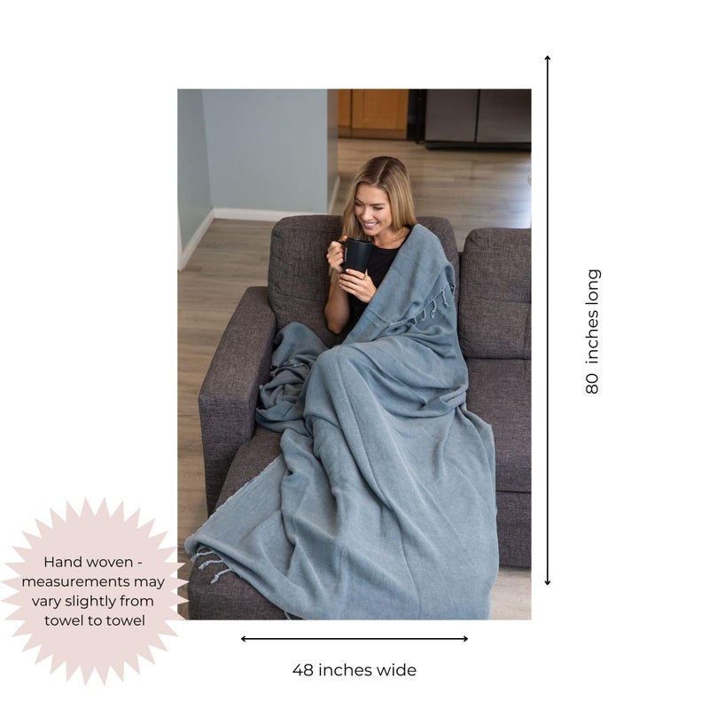 InfuseZen Stonewashed Turkish Throw Blanket - 100% Organic Turkish Cotton - 80" x 48" - Soft, Lightweight, Cozy - for Love Seat, Sofa, Picnic, Yoga - Sand Free Absorbent Beach Blanket - Denim - Image 3